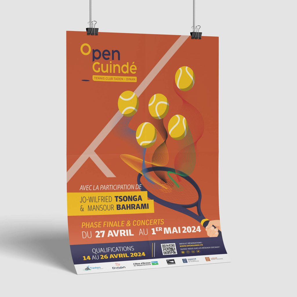 Conception et création de l'affiche évènementiel de l'open guindé 2024 avec la précense de jo wilfried tsonga et Mansour BAHRAMI, par l'agence de communication SHEBAM à Taden